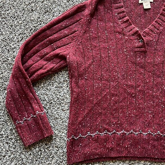 Woolrich Knit Sweater Womens Medium Ruby Heather Wool Blend VNeck Cable Knit Top - Picture 3 of 8